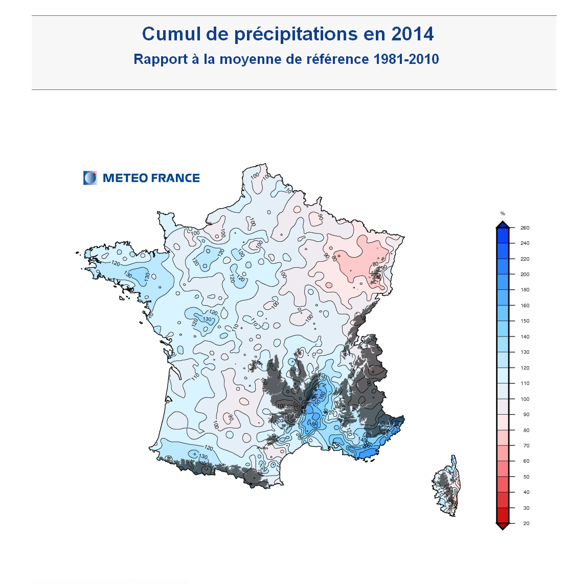 Carte France Rapport à la moyenne des cumuls de précipitations France 2014